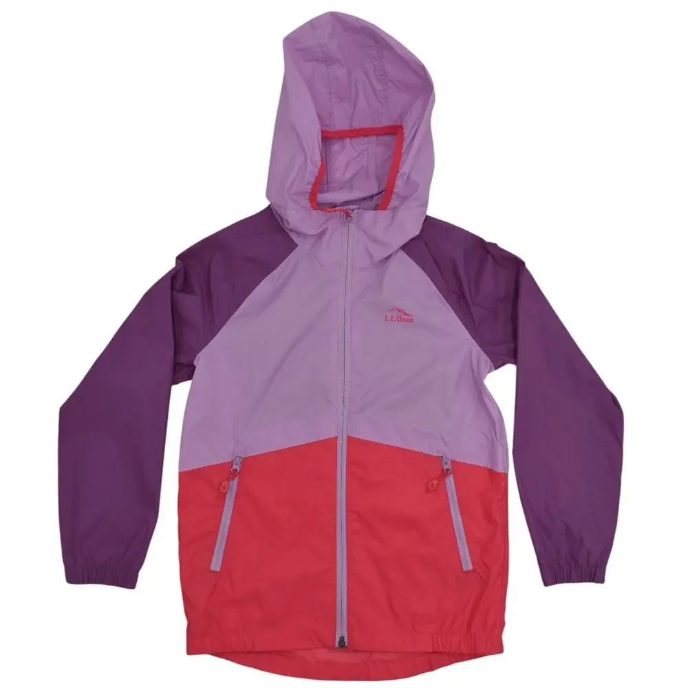 LL Bean Windbreaker Full Zip Colorblock Purple Hooded Raincoat Jacket Kids 6X-7